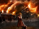 Girl and burning town