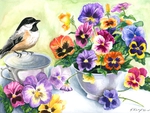 Chickadee & Pansies
