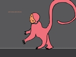 a pink  mokey (as in pink monkey) walks on white line