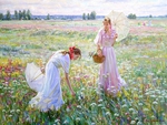 Girls gather field flowers