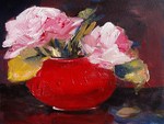 Pink Roses in Red Vase