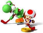 Yoshi and Toad Playing coin Hockey