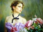 Beautiful lady with flowers - painting