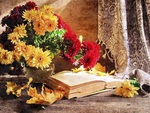 Chrysanthemums and dried leaves - autumn