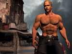 Hunky hero finds a destroyed police car in the ruins