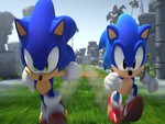 Modern and Classic Sonic running side by side