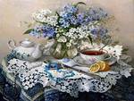 Lydia Datsenko. Tea with blue and white hyacinths - and the modest daisy